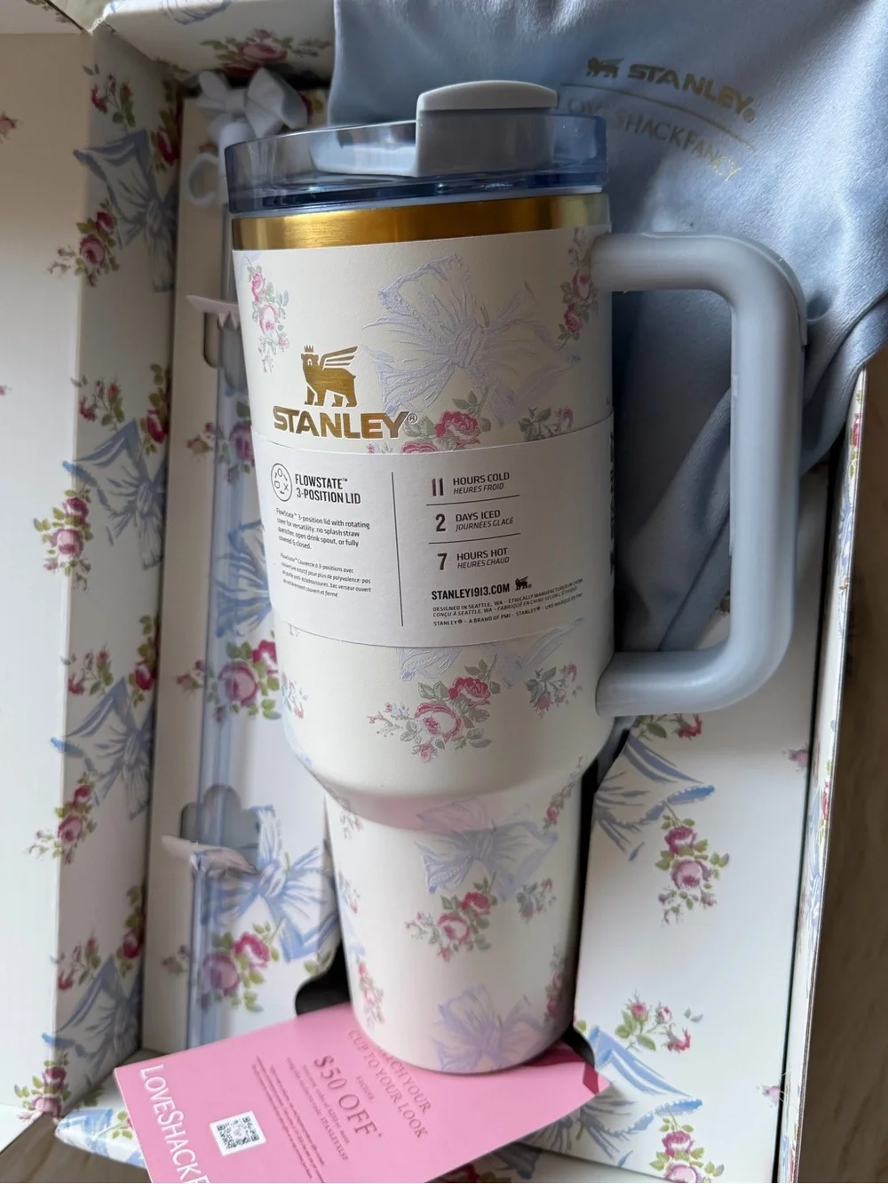 LoveShackFancy Cream Bow Floral Insulated Tumbler with Blue Accents